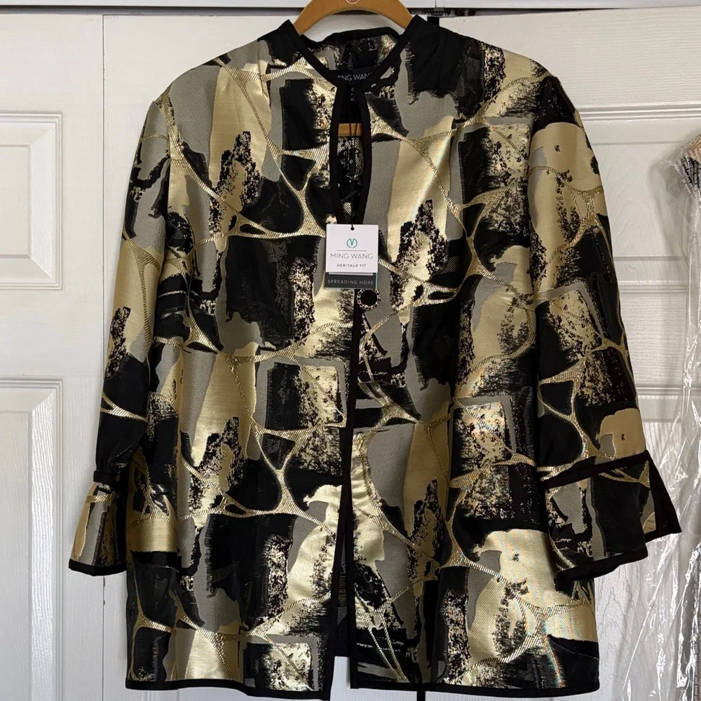 Ming Wang Black and Gold Abstract Metallic Open-Front Jacket - Picture 1 of 5